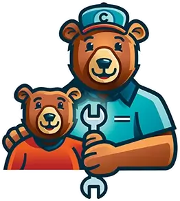 comfort union logo | A vector illustration of a bear mechanic and his son working together.